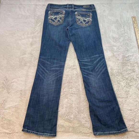 Wrangler Rock 47 Bootcut Low Rise Jeans Womens 30x32 Blue Whiskers Bling Cowgirl - Picture 1 of 11